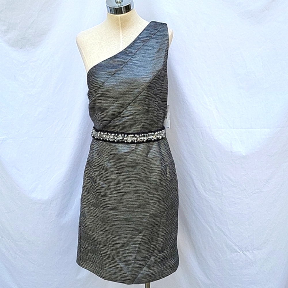 Ladies one shoulder formal dress,black & silver,side zip,belted, sz 14, NWT